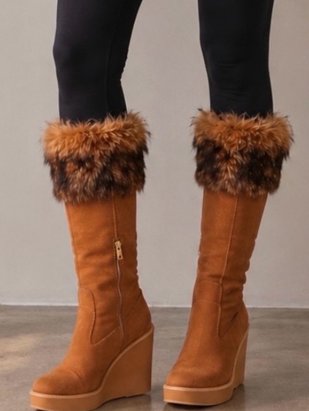UGG Tan Faux-Fur Cuff Wedge Boots